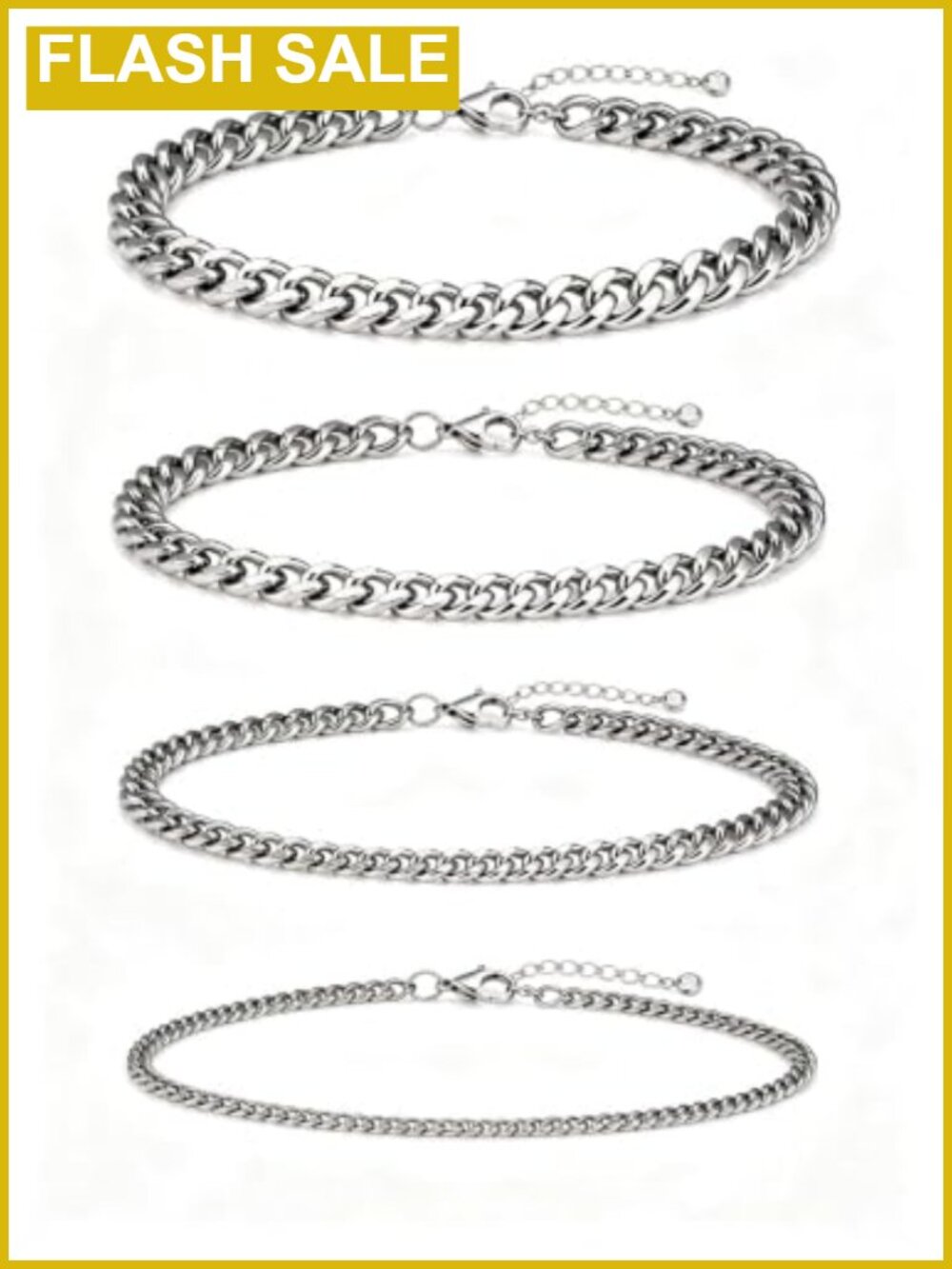 14K Gold Plated Stainless Steel Cuban Link Anklet Set 4pc Adjustable 9-11 Inch